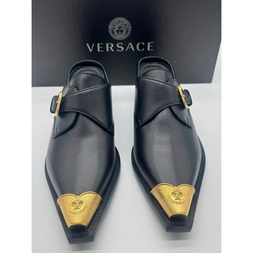 Versace Sabot Leather Western Mule Medusa Gold Toe Black EU 39.5 US 9 NIB - Picture 3 of 14